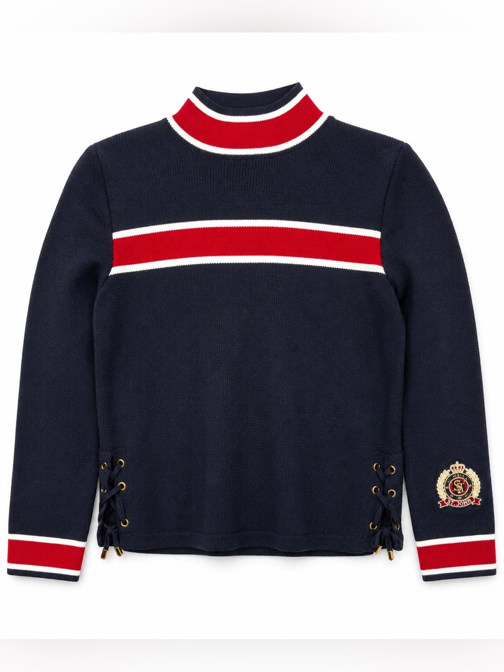 Vintage St John Sport Mock Neck Wool Sweater Preppy Nautical Old Money Petite